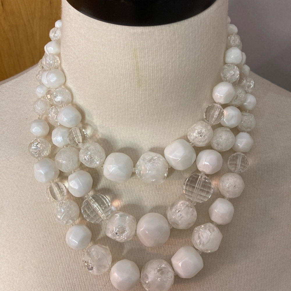 Triple Strand Chunky White And Clear Vintage Beaded Necklace